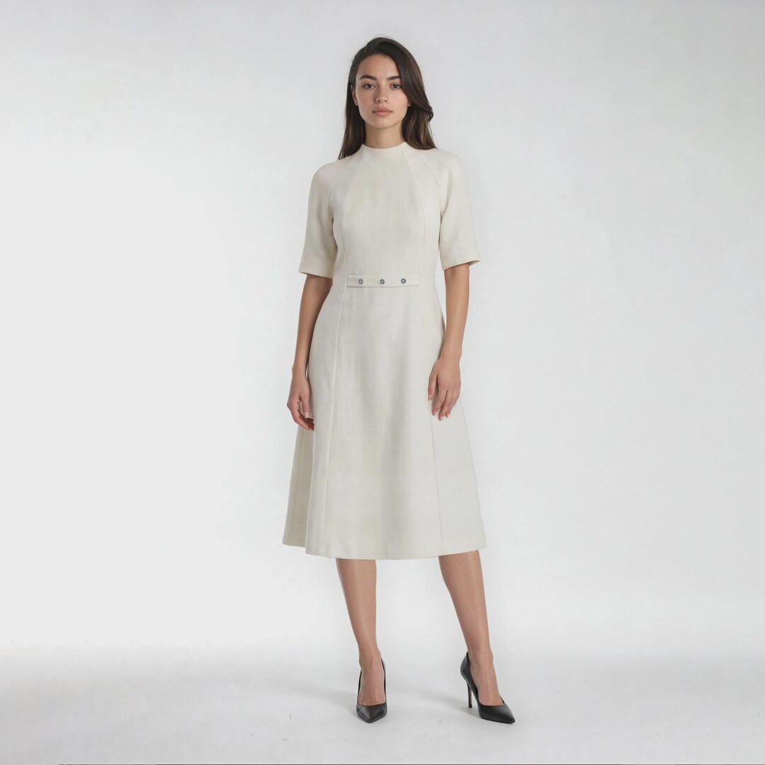 Winter ivory White boucle midi dress, women's classy dress