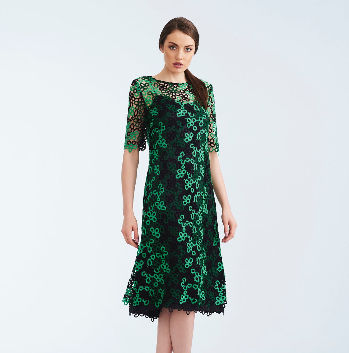 Spring Summer Kelly Green Lace Midi Women's Dress With Etsy Australia