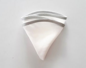 Round white natural silk and cotton men's pocket square with silver border