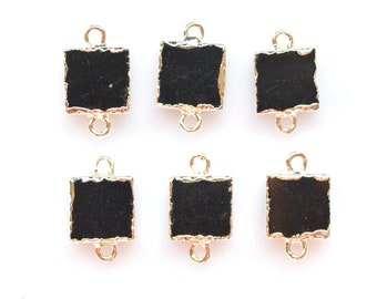 Nature 10mm rectangle black agate connector pendant with Silver Electroplated Edges--black crystal agate charm for necklace earring