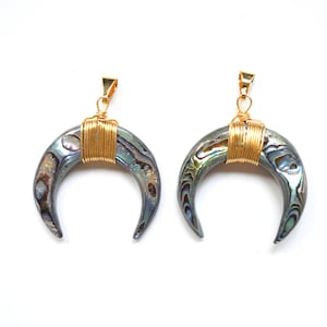 Abalone Shell Crescent Moon pendant ,Gold Plated Wire Wrap nature abalone shell double horn pendants ,Moon shape Pendant--Necklace Pendant