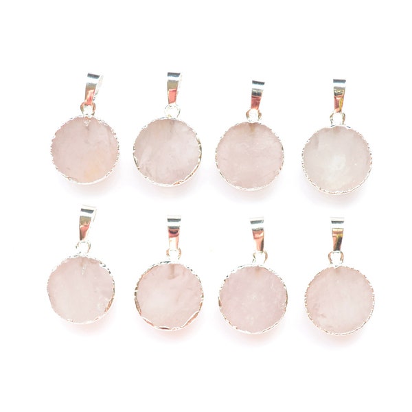 Nature 15mm pink crystal round pendant, Round rose quartz Pendant with Silvery Electroplated Edges