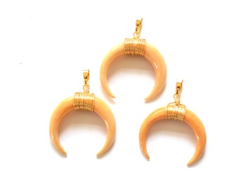Brown Bone Crescent Pendant, Gold Plated Wire Wrapped Double Horn