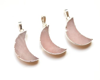 Rose Quartz Druzy Moon Pendant, Silvery Electroplated Edges (30x12MM)