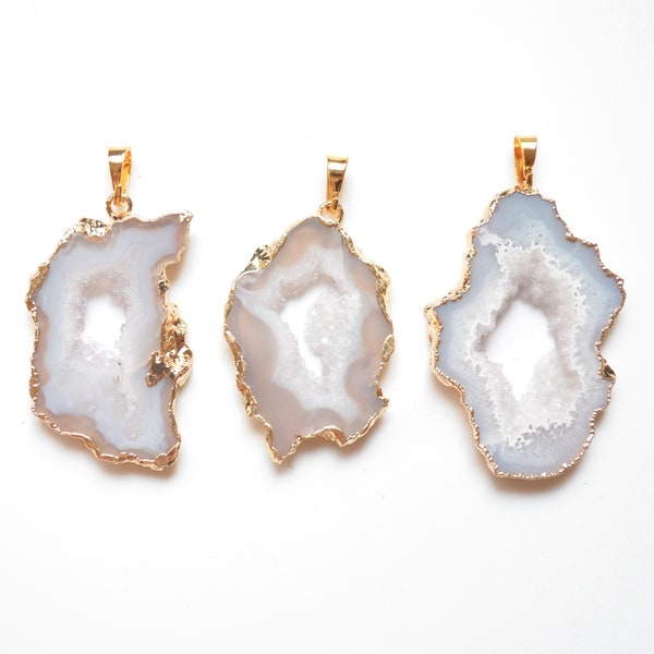 Middle size Nature white Druzy Pendant ,Gold Plated Agate Geode Slice Pendant,  Stalactite Pendant, Gemstone Pendant