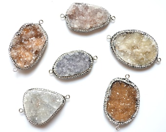 Nature Agate geode Slice Charms Drusy Druzy Connector pendant with Pave Crystal Zircon