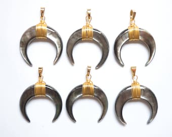 Gray Shell Crescent Pendant, Gold Plated Wire Wrap, Double Horn