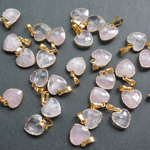 Nature 14 mm heart shape facted rose quartz crystal pendant with Gold Electroplated Edges--pink crystal charm for necklace earring