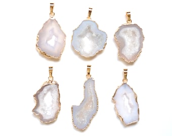 Nature white Druzy Pendant ,Gold Plated Agate Geode Slice Pendant,  Stalactite Pendant, Gemstone Pendant