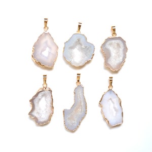 Nature white Druzy Pendant ,Gold Plated Agate Geode Slice Pendant,  Stalactite Pendant, Gemstone Pendant