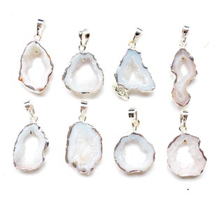 Small size Nature white Druzy Pendant ,Silvery Plated Agate Geode Slice Pendant,  Stalactite Pendant, Gemstone Pendant