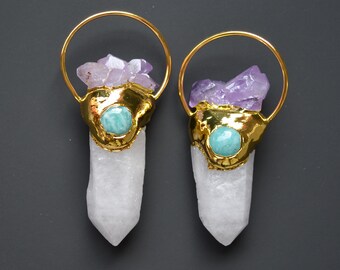Faceted stones slice Necklace Wholesale 3-10pcs,Natural Lapis LazuliLabradoriteAmethyst Rectangle Stick Gold edged Connector Jewelry bulk