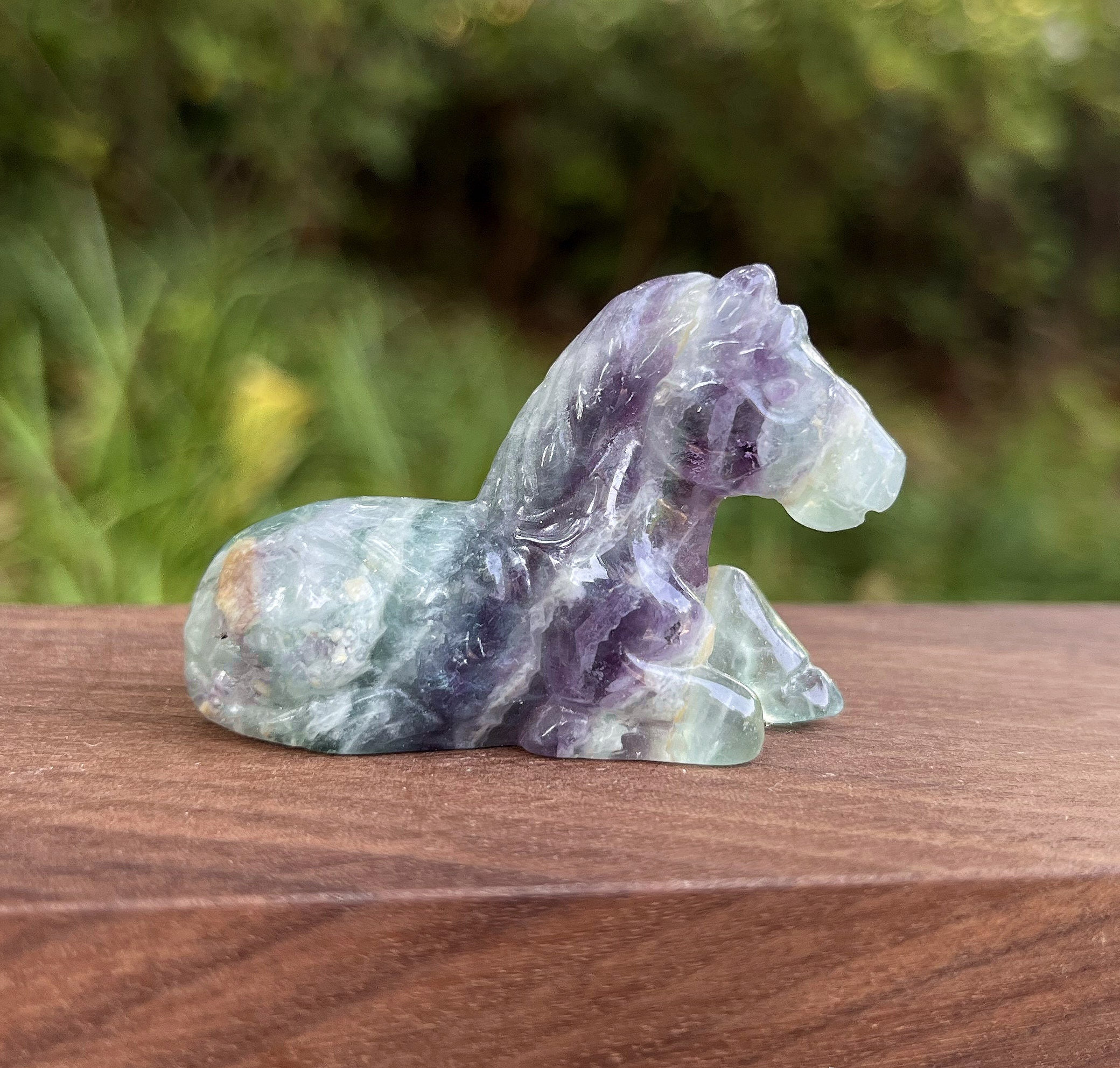 Carved Fluorite Crystal Horse: Healing Gemstone Sculpture, Home