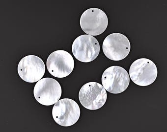10Pcs/ Mother of Pearl Coin Charms, White Shell Beads (15mm)