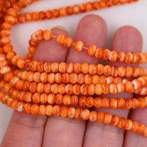 May include: Close-up of strands of orange spiny oyster shell beads. The beads are small, round, and have a vibrant orange color with white accents. The beads are strung together on a thin, orange thread, creating a necklace or bracelet.