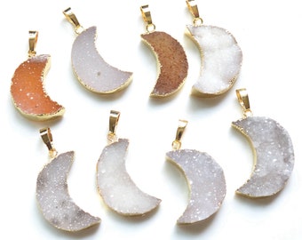 Wholesale Nature crystal moon shape crystal Druzy Pendant with Gold Electroplated Edges-- Earring Necklace Pendant