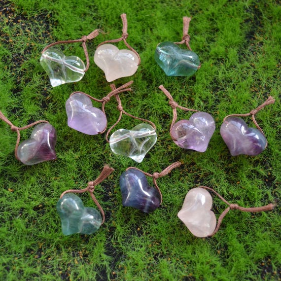 Amethyst Heart Pendant, Rose Quartz, Fluorite, Crystal Carving Gift
