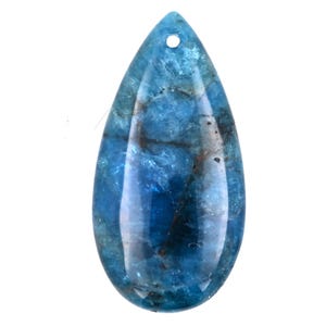 May include: A teardrop-shaped pendant made of blue apatite with a hole at the top for stringing.