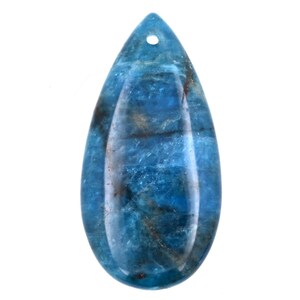 May include: A teardrop-shaped pendant made of blue apatite gemstone. The pendant has a hole at the top for stringing.