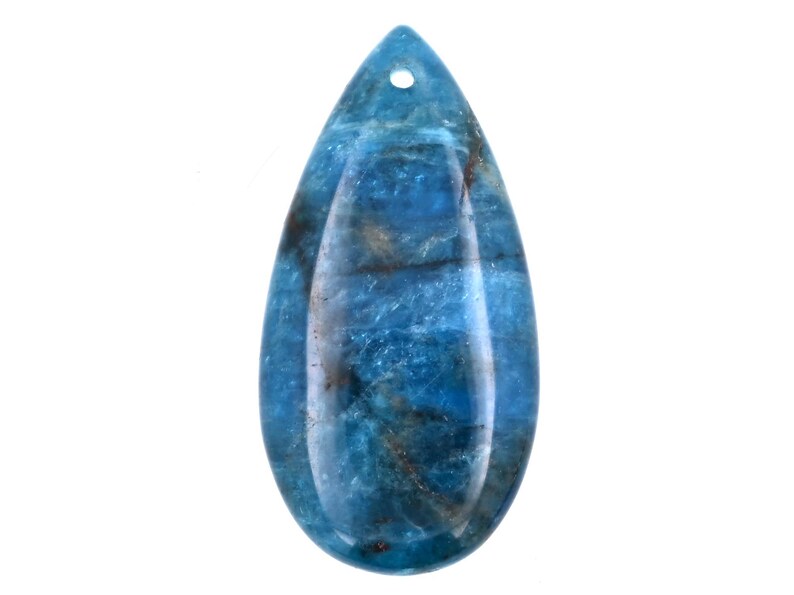 May include: A teardrop-shaped pendant made of blue apatite gemstone. The pendant has a hole at the top for stringing.