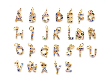 Mini oro chapado Pave colorido CZ Crystal colgante de letra inicial con, encanto de la carta de oro