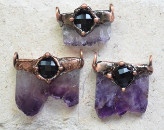 Nature Amethyst agates Slice Drusy Druzy Connector pendant with facted black agate
