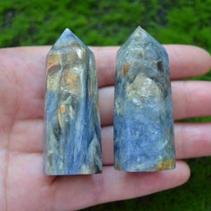 May include: Two blue kyanite crystal points with a light blue and white colour pattern. The crystals are pointed at the top and have a flat base.