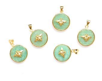 New round shape amazonite stone Pendant ,Gold Electroplated Insect paved gemstone Pendant