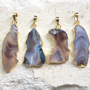 Botswana Agate Slice Geode Pendant with Gold Electroplating ,Jewelry gemstone Charms Finding