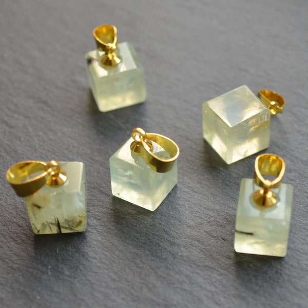 Small 8 mm square Epidote Pendant with Gold hoop -Prehnite stone Pendant for earring necklace