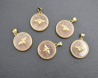 New round shape rose quartz stone Pendant ,Gold Electroplated Insect paved gemstone Pendant