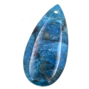 May include: A teardrop-shaped pendant made of blue apatite with a hole at the top for stringing.