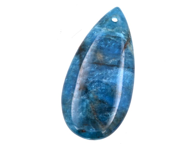 May include: A teardrop-shaped pendant made of blue apatite with a hole at the top for stringing.