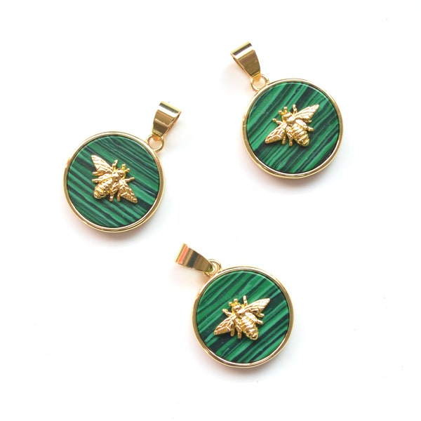 New round shape malachite stone Pendant ,Gold Electroplated insect paved gemstone Pendant