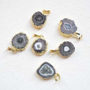 Mini black Stalactite Solar agate druzy Slice pendant with Gold Electroplated Edges -agate pendant