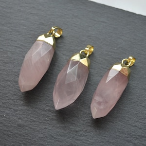 New facted Rose quartz Terminated Point Pendant with Gold Electroplated Edges ,Faceted pink crystal jewelry pendants