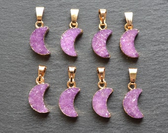 Wholesale Nature Mini purple crystal moon shape crystal Druzy Pendant with Gold Electroplated Edges-- Earring Necklace Pendant