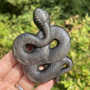 Silver obsidian Carved snake , carved Crystal Animal, Gemstone snake Sculpture ,snake carving,  Home Decor, healing crystal