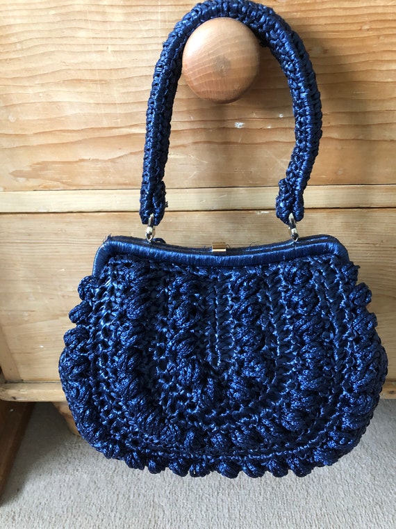 Vintage 1950s Navy Raffia Summer Handbag - image 1