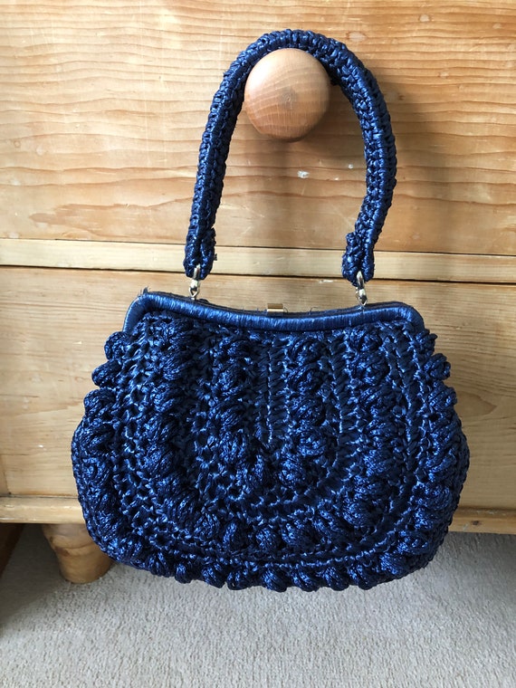 Vintage 1950s Navy Raffia Summer Handbag - image 2