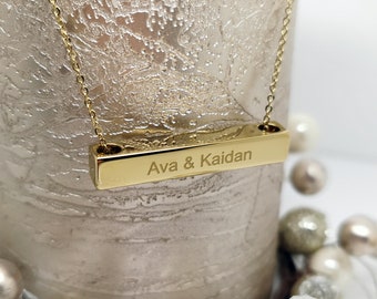 Name Necklace • Personalised Titanium Gold Plated Pendant Bar • Horizontal or Vertical • Custom Engraved Name or Date Anniversary