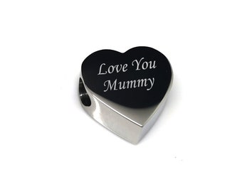 Engraved "Love You Mummy" Heart Charm - Can Be Personalised With A Photo Or Text - Fits Most Bracelets - Stainless Steel Bead