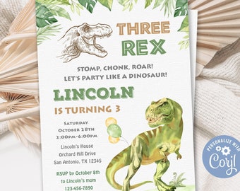 Three Rex Invitation, Dinosaur Birthday Invitation, Three Rex Birthday Invitation