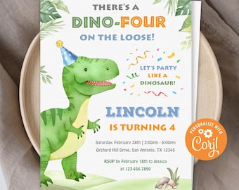 May include: A birthday invitation featuring a green dinosaur wearing a party hat. The invitation reads "Dino-Four on the Loose!" and "Lincoln is turning 4." Includes party details and RSVP information. The design has a playful, colorful theme.