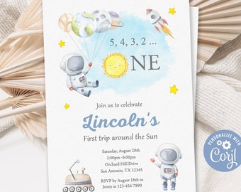 Outer Space First Birthday Invitation, First Trip Around The Sun Birthday Invitation, Space 1st Birthday Invitation, Astronaut Invitation