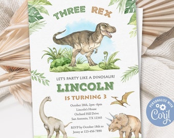 Three Rex Invitation, Dinosaur Birthday Invitation, Three Rex Birthday Invitation