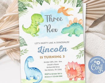 Invitación de tres Rex, invitación de cumpleaños de tres Rex, invitación de cumpleaños de dinosaurio