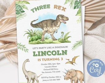 Three Rex Invitation, Dinosaur Birthday Invitation, Three Rex Birthday Invitation