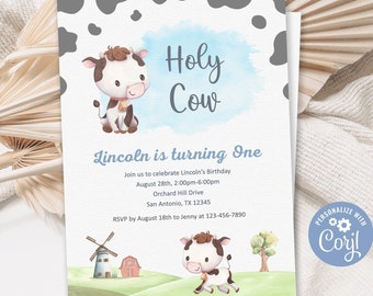 Holy Cow Birthday Invitation, Holy Cow Invitation, Holy Cow I'm One Boy Birthday Invitation, Editable Holy Cow Invite