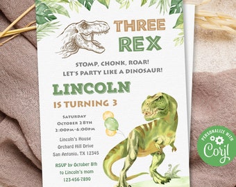 Three Rex Invitation, Dinosaur Birthday Invitation, Three Rex Birthday Invitation